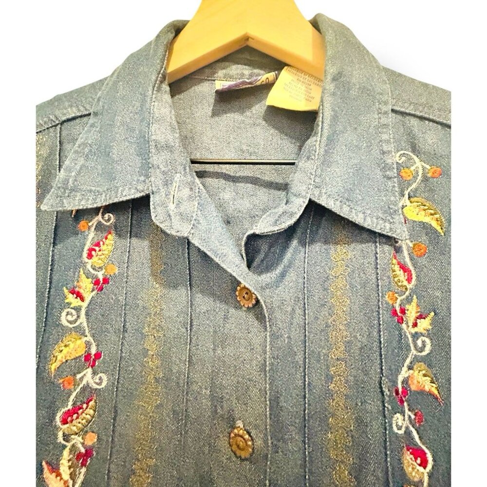 Vintage Cottagecore Denim Embroidered Prairie Dress Size Medium Back Tie Bird - Picture 2 of 14